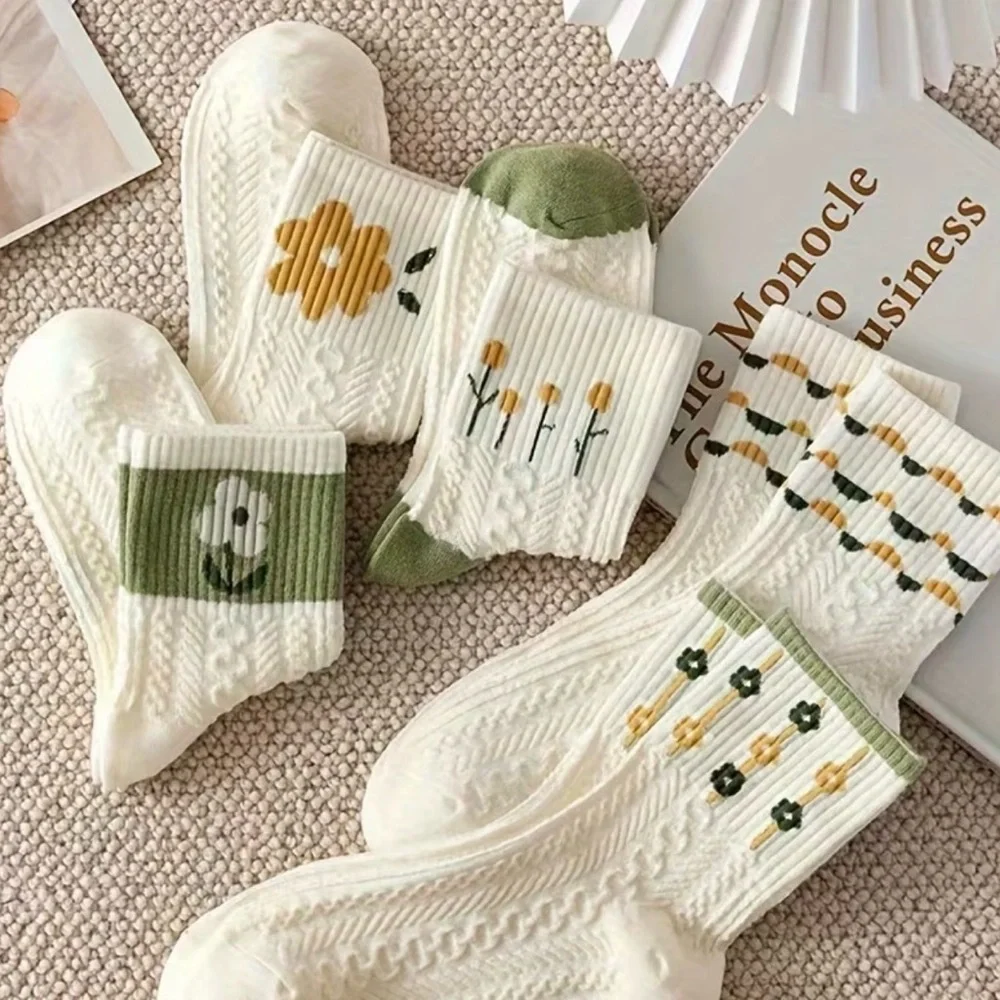 New 5pair Mid Tube socks Embroidered Green Clover floral ribbed cuffs cable knit